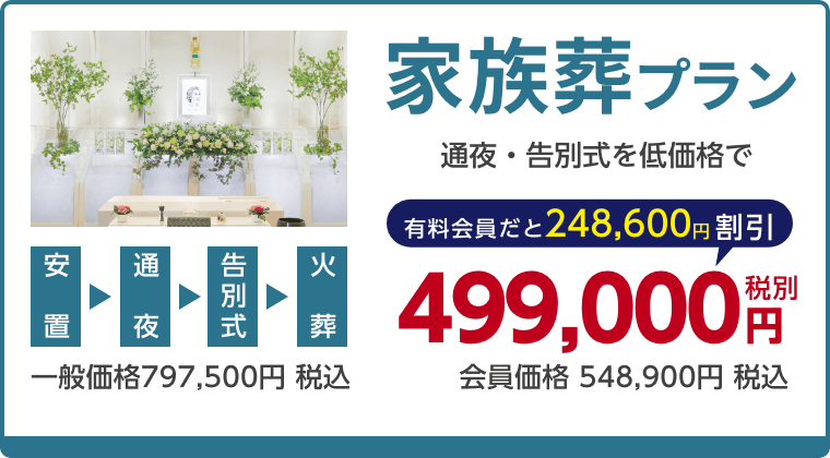 家族葬プラン、通夜・告別式を低価格で、有料会員割引248,600円（税込）適用で会員価格548,900円税込