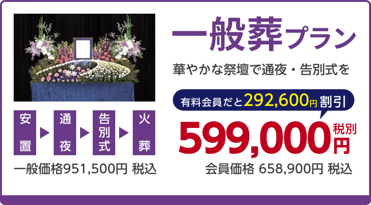 一般葬プラン、華やかな祭壇で通夜・告別式を、有料会員割引292,600円（税込）適用で会員価格658,900円税込