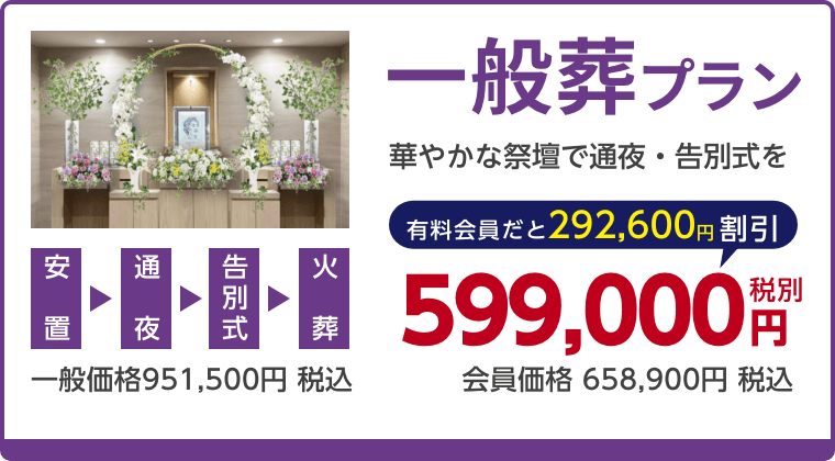 一般葬プラン、華やかな祭壇で通夜・告別式を、有料会員割引292,600円（税込）適用で会員価格658,900円税込