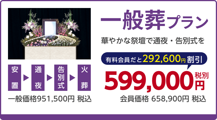 一般葬プラン、華やかな祭壇で通夜・告別式を、有料会員割引292,600円（税込）適用で会員価格658,900円税込