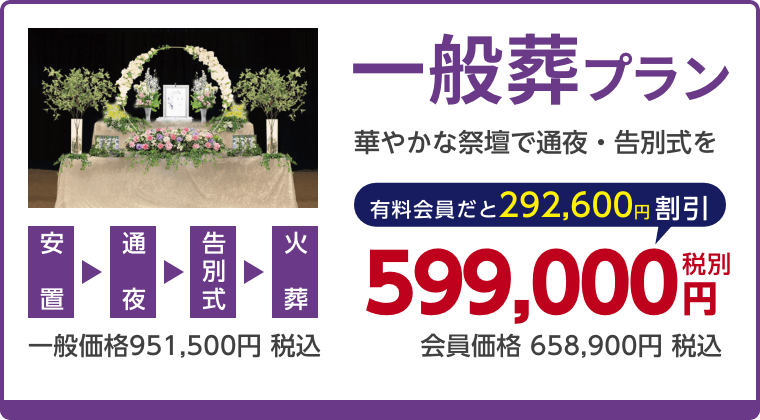 一般葬プラン、華やかな祭壇で通夜・告別式を、有料会員割引292,600円（税込）適用で会員価格658,900円税込